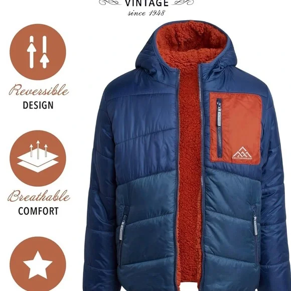 Boy’s Weatherproof Reversible Puffer Coat with hood, Large 14
